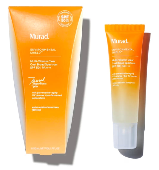 Protector solar multivitamínico transparente Murad FPS 50: protector solar ligero de amplio espectro con vitaminas CF, salvia esclarea biofermentada y semillas de chía que nutre la piel sin dejar una capa blanca.