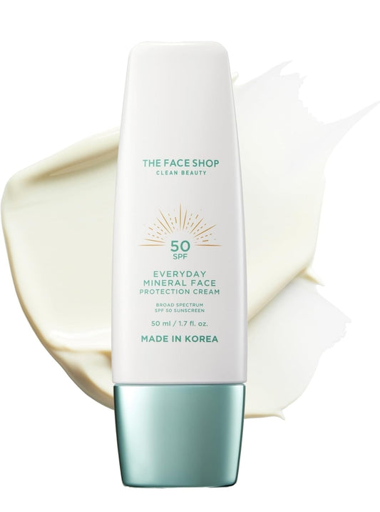 THE FACE SHOP Protector solar mineral diario FPS 50 - Protector solar coreano para el rostro con óxido de zinc, pantenol y niacinamida para piel sensible