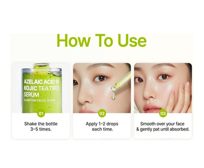 Suero facial PURITO con ácido azelaico al 10 % + ácido kójico + árbol de té: para acné, marcas y brotes, con alto contenido de ácido azelaico.