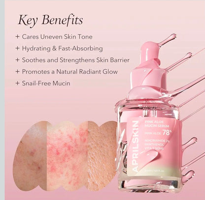 Suero de mucina de aloe rosa APRILSKIN: fórmula hidratante con 78 % de mucina de aloe de Jeju y acabado no pegajoso para una apariencia radiante.