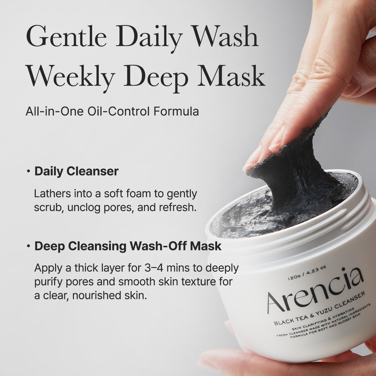Arencia Black Tea and Yuzu Rice Mochi Cleanser - Deeply cleanses, gently exfoliate, smooth skin texture, brighten dull skin, remove impurities