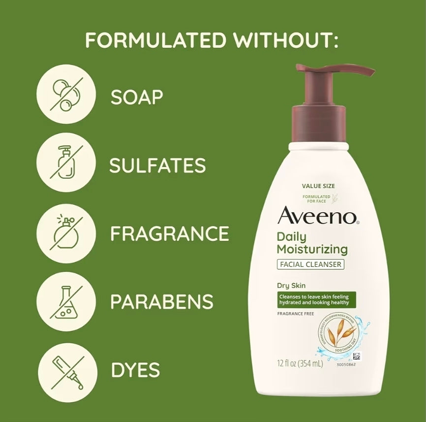 Aveeno Daily Moisturizing Facial Cleanser for Dry Skin - Gentle Face Cleanser with Soothing Oat for Skin that Feels Soft & Supple, Removes Dirt, Oil and Impurities, Fragrance Free