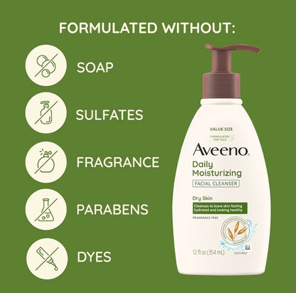 Aveeno Daily Moisturizing Facial Cleanser for Dry Skin - Gentle Face Cleanser with Soothing Oat for Skin that Feels Soft & Supple, Removes Dirt, Oil and Impurities, Fragrance Free