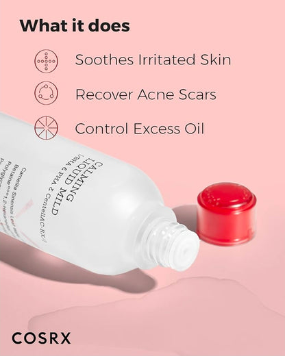 COSRX Calming Liquid Mild: solución perfecta que ayuda a prevenir el acné leve mientras se elimina el sebo con agua de té verde, BHA y PHA.