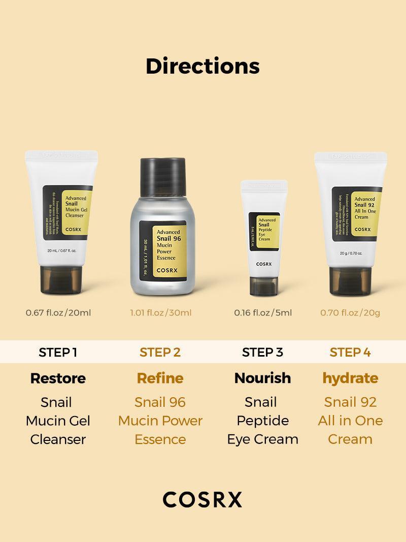 COSRX All About Snail Kit - 4-Step Set - Skincare essentials with snail mucin for repairing, moisturizing & soothing + 1 COSRX Advanced Snail Mucin Mask - 5 Piece Set
