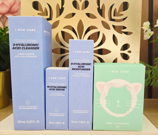 I DEW CARE Cuidado de la Piel - Hydra Vibes - Set de 3 piezas + 1 Diadema de Gato Gratis - Limpiador, suero y humectante con ácido hialurónico de diferente peso molecular