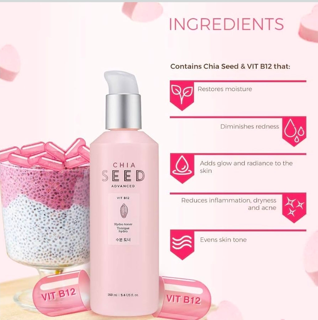 Tónico hidro de semillas de chía de The Face Shop: loción hidratante suave para piel seca, humectación y confort, formulada con semillas de chía y vitamina B12 para un cuidado intenso, renovado e hidratante.