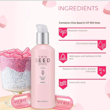Tónico hidro de semillas de chía de The Face Shop: loción hidratante suave para piel seca, humectación y confort, formulada con semillas de chía y vitamina B12 para un cuidado intenso, renovado e hidratante.