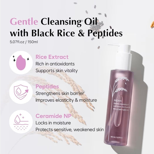 MIDHA Gentle Cleansing Oil with black rice & peptides - Deep cleansing, Skin barrier support, Nourishing cleansing oil, Gentle Daily Cleanser, Moisture-locking