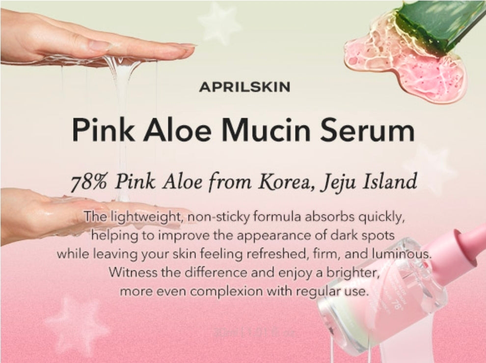 Suero de mucina de aloe rosa APRILSKIN: fórmula hidratante con 78 % de mucina de aloe de Jeju y acabado no pegajoso para una apariencia radiante.