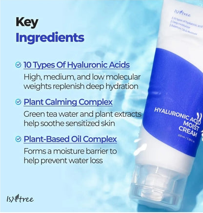 ISNTREE Hyaluronic Acid Moist Cream - Deep Hydration for Dry Skin, Balances Oil & Moisture, Lightweight & Non-Greasy, Fragrance-Free