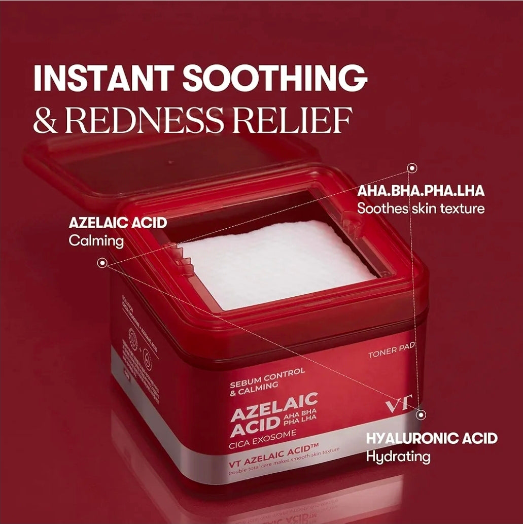 VT COSMETICS Azelaic Acid Care Cica Exosome Toner Pad - Dual Textured Facial Toner Pads for Exfoliation and Pore Care with AHA/BHA/PHA/LHA, Cica Exosome for Calming & Hydrating