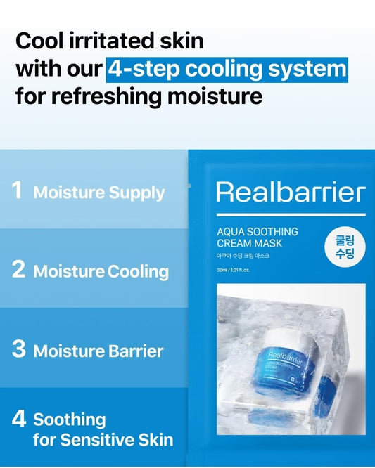 Mascarilla de crema calmante Real Barrier Aqua - Mascarilla de gasa de algodón con 8 ácidos hialurónicos, refrescante, calmante, hidratante y humectante - 1 mascarilla