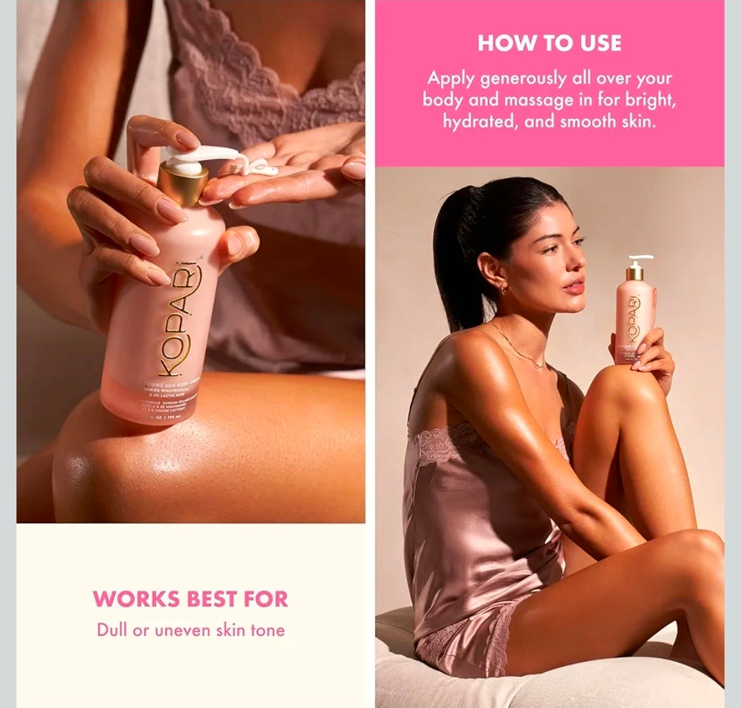 Kopari Brightening Silk Body Cream with 2% Niacinamide, AHAs & Kakadu Plum – Hydrating Body Lotion for Radiant, Even Skin Tone, Lightweight, Fast-Absorbing, Juicy Pink Guava Scent