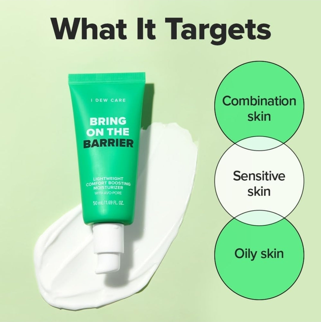 I DEW CARE Lightweight Boosting Moisturizer - Bring On The Barrier + 5 I DEW CARE Glass Skin Face Mask [SET] - Strengthening, Soothing, Balance Excess Sebum, Fast Absorption, Hydrating - For Combination Skin and Oily Skin