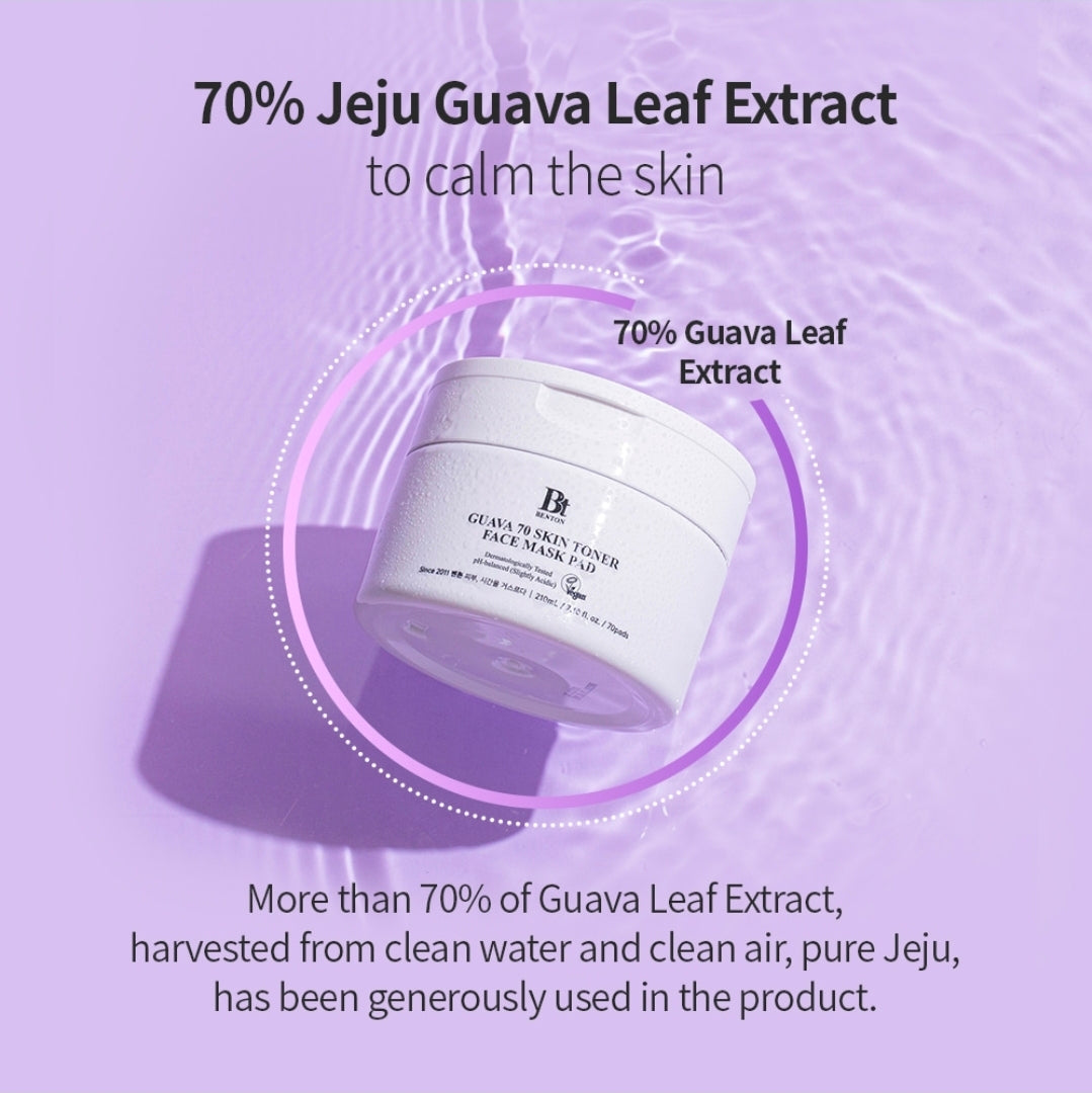 Benton Guava 70 Skin Toner Face Mask Pad - Moisturizer Hyaluronic Acid Soothing Calming Relief for Dry Sensitive, All Skin Types Dewy Luminous Skin, Non-Drying 70 Toner Pads