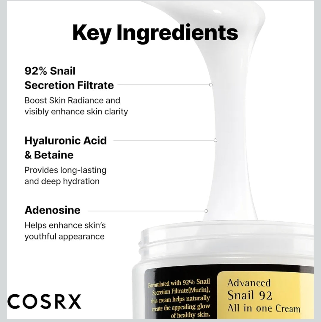 COSRX Advanced Snail Mucin 92% All in One Cream - Lightweight Moisturing Cream for Soft, Glowy Skin