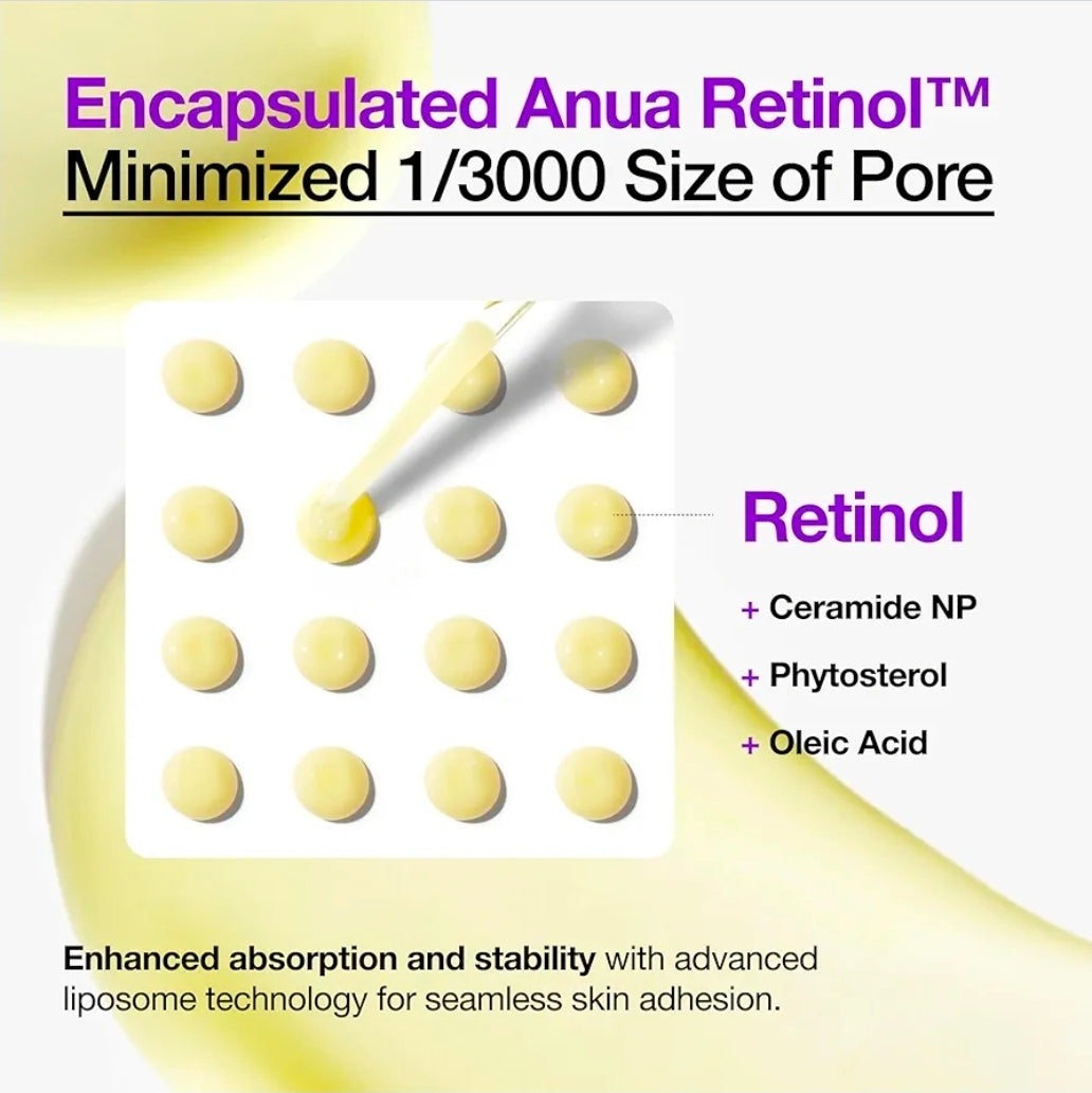 Suero Anua Retinol 0.3% - Antiedad, Piel Texturizada, 0.3% Retinol + 5% Niacinamida, más de 20 ingredientes calmantes, suave para pieles principiantes y sensibles.