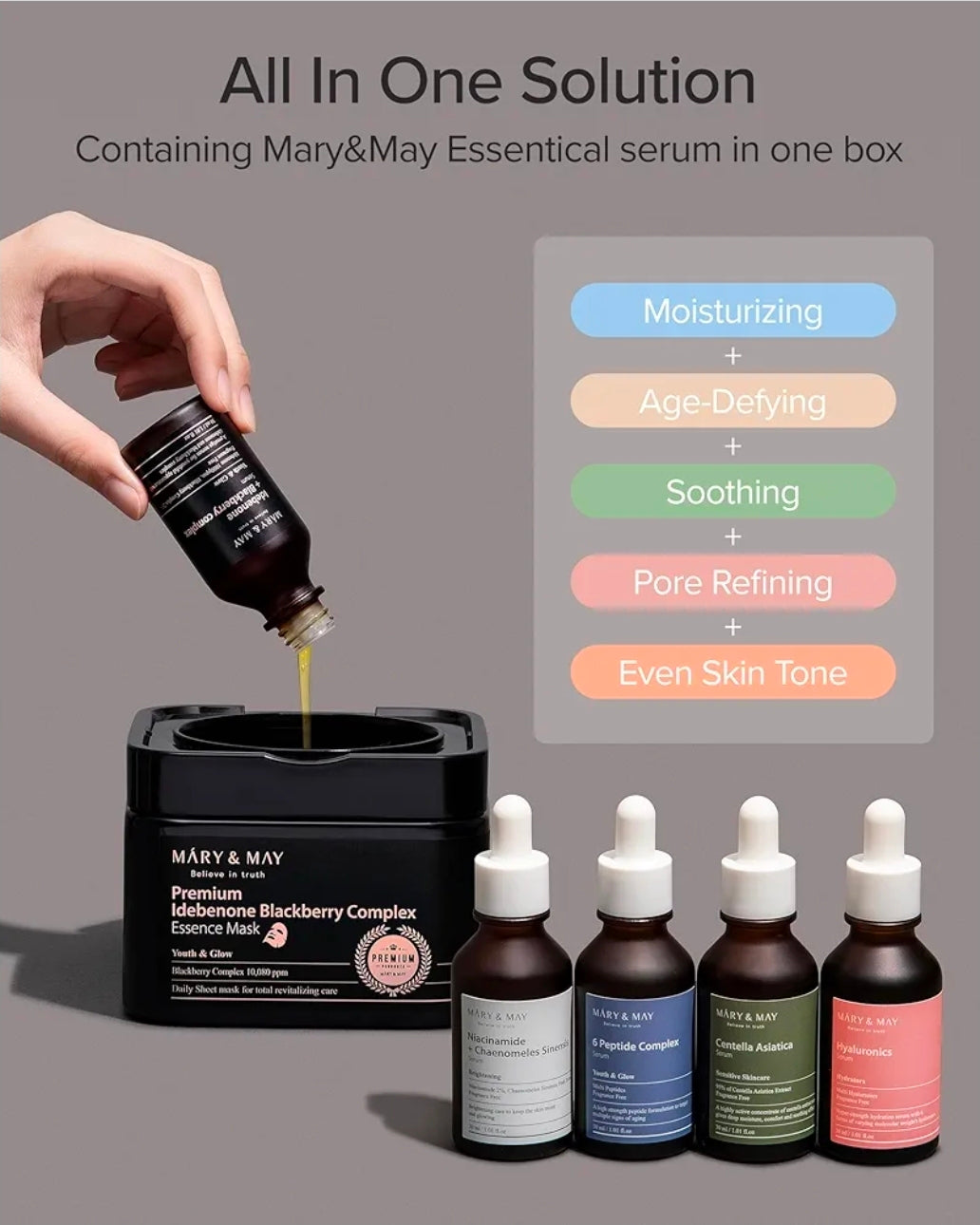 Mascarilla de esencia premium con complejo de idebenona y mora de Mary & May - Antiedad de dosificación rápida - Vitamina C, pantenol y ceramida para una piel hidratada y radiante