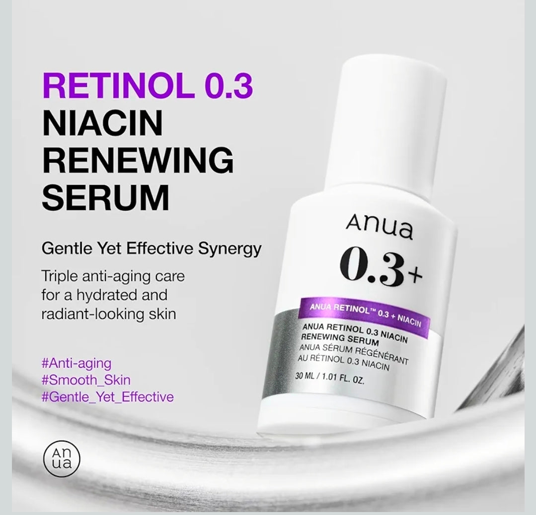 Suero Anua Retinol 0.3% - Antiedad, Piel Texturizada, 0.3% Retinol + 5% Niacinamida, más de 20 ingredientes calmantes, suave para pieles principiantes y sensibles.
