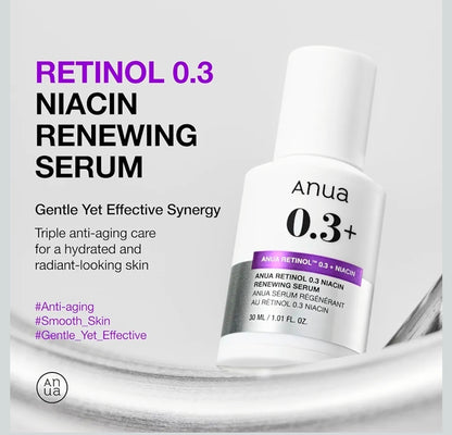 Suero Anua Retinol 0.3% - Antiedad, Piel Texturizada, 0.3% Retinol + 5% Niacinamida, más de 20 ingredientes calmantes, suave para pieles principiantes y sensibles.
