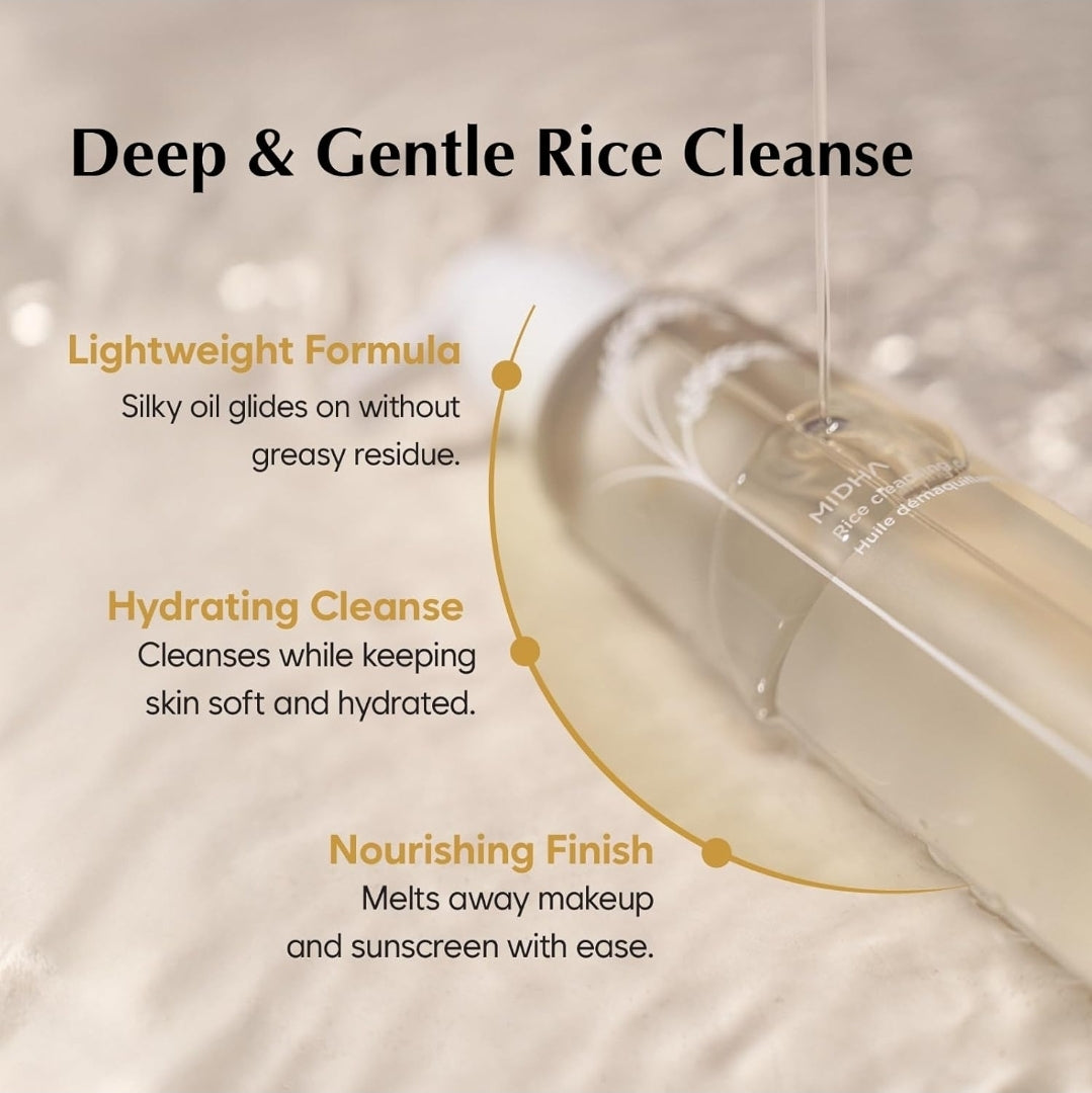 MIDHA Rice Cleansing Oil - Gentle Makeup Remover, Hydrating, Lightweight, Plant-Based, Moisturizing First-Step Cleanser, Balanced Skin with Residue-Free, Sebum Care Formula