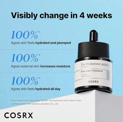 COSRX The Hyaluronic Acid 3 - Amino Acids + Ceramide NP - Suero de ácido hialurónico sódico puro al 3%, hidratante y potenciador de la humectación para líneas finas y arrugas, repara la piel seca, sin fragancias artificiales