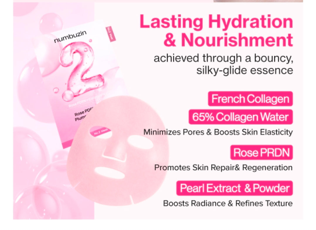 Mascarilla de tejido rellenadora de colágeno Numbuzin No.2 Rose PDRN: iluminadora, hidratante, reafirmante y humectante, con colágeno y péptidos, PDRN (1 mascarilla)