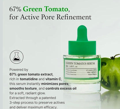 FULLY Green Tomato Serum - Pore Tightening with 67% Green Tomato Extract, Vit C and PHA, Elasticity Boosting and Skin Moisturization, Fragrance Free, Vegan