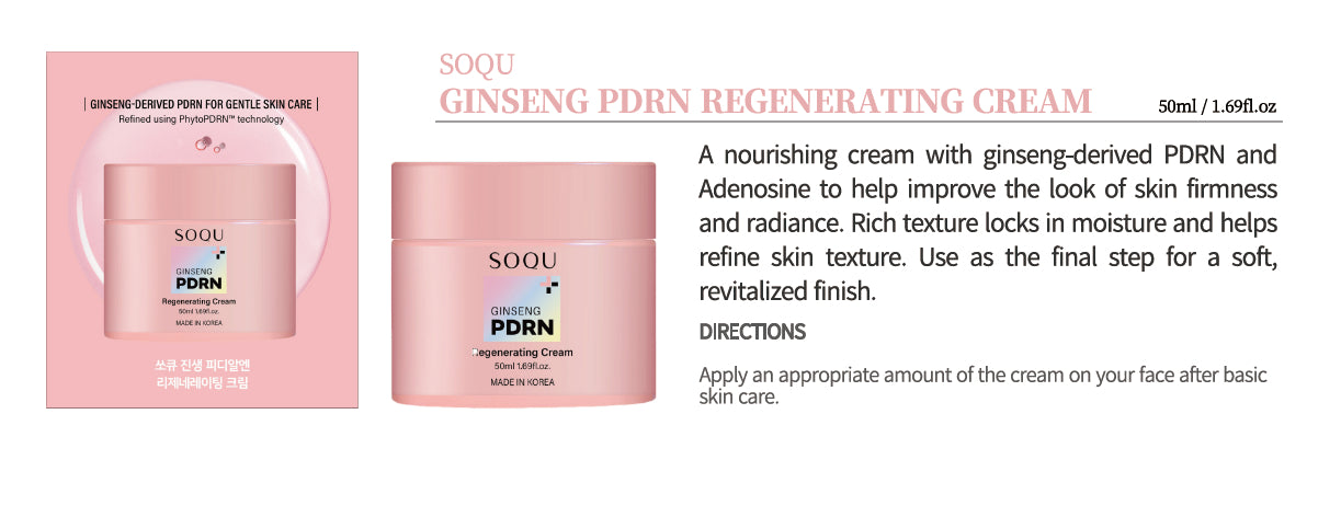 SOQU Ginseng PDRN Regenerating Cream - Refined with PhytoPDRN technology, delivers regenerative benefits and antioxidant support