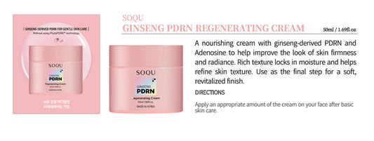 SOQU Ginseng PDRN Regenerating Cream - Refined with PhytoPDRN technology, delivers regenerative benefits and antioxidant support