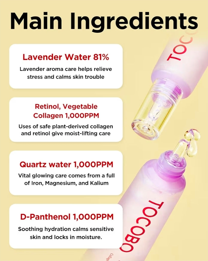 Crema iluminadora de colágeno Tocobo para ojos en gel: tratamiento vegano con retinol para ojeras e hinchazón. Fórmula ligera e hidratante con niacinamida y lavanda. Aclara las líneas de expresión.