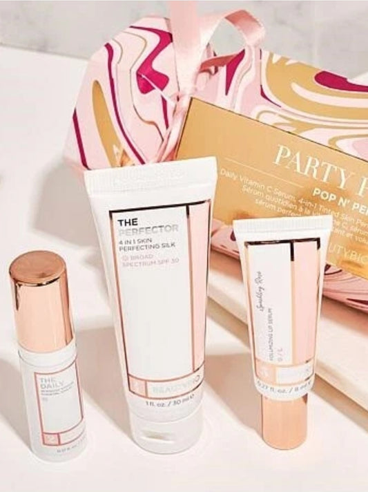 BeautyBio Pop N' Perfect Skincare + Lip Party Popper Set with Tinted Skin Silk Broad Spectrum SPF 30