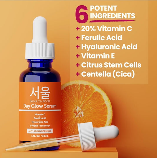 Seoul Ceuticals Day Glow Serum - Vitamin C, Hyaluronic Acid Serum, CE Ferulic Acid, S Alpha Tocopheryl - Potent Anti-Aging, Anti Wrinkle