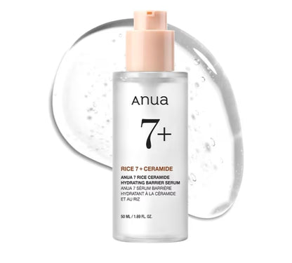 Suero hidratante facial con ceramidas de arroz 7 de Anua: suero hidratante facial con arroz, ácido hialurónico y niacinamida, sin fragancia, no comodogénico, piel de cristal.