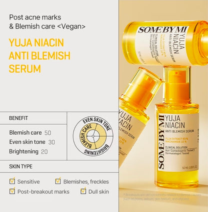 SOME BY MI Yuja Niacin Anti Blemish Serum – Suero con 10 % de niacinamida y vitamina C para iluminar la piel opaca – Eliminador de manchas oscuras para pigmentación y melasma