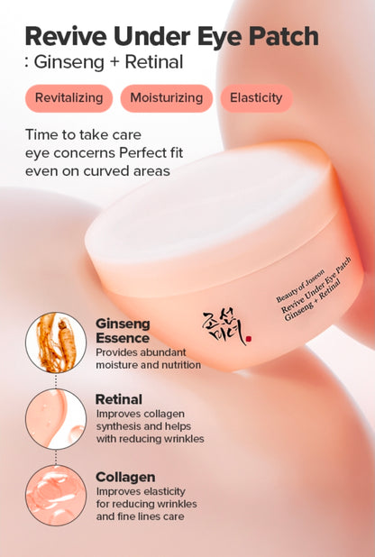 Parches para ojeras Beauty of Joseon Revive con retina y ginseng: mascarillas con péptidos de colágeno para bolsas y bolsas debajo de los ojos (30 pares)