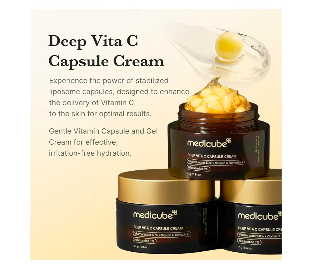 medicube Deep Vita C Capsule Cream Set - Cream + 7 Travel Size Capsules - Liposome Vitamin C Golden Capsule for Radiance & Firm-Looking Skin, Hydrating Glow Gel Texture