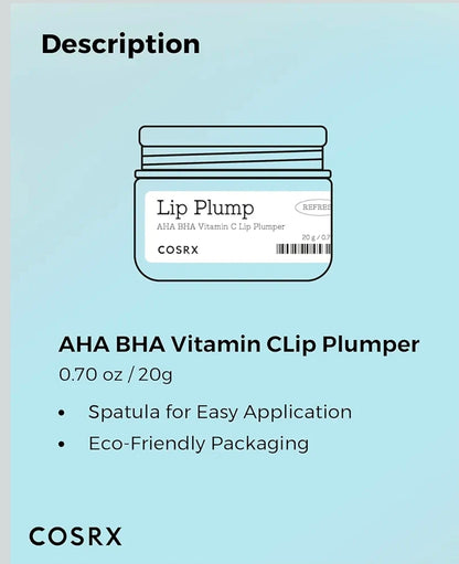 COSRX Lip Plumb AHA BHA Vitamina C Lip Plumper - Bálsamo para labios secos y agrietados, enriquecido con manteca de karité, mascarilla de noche, sin pruebas en animales, sin fragancias artificiales, sin parabenos