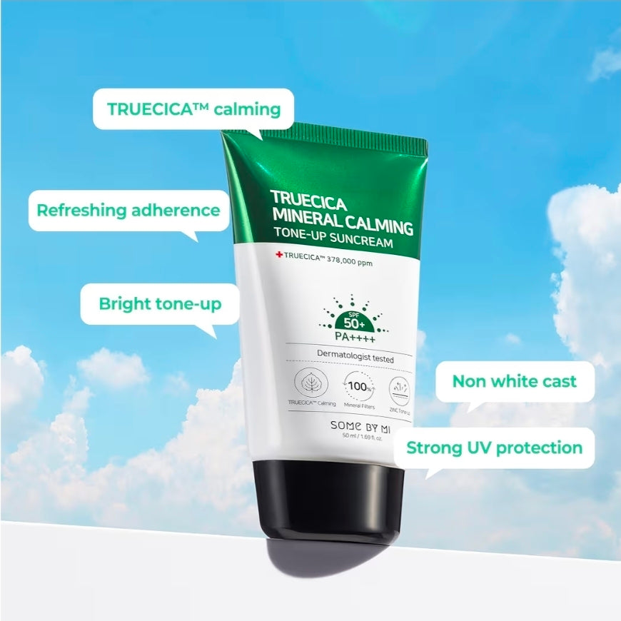 SOME BY MI Truecica Mineral Calming Tone-Up Suncream - SPF50+, PA++++, Brightening and Calming Effect, Mild Sun and UV Protection Sunscreen for Sensitive Skin
