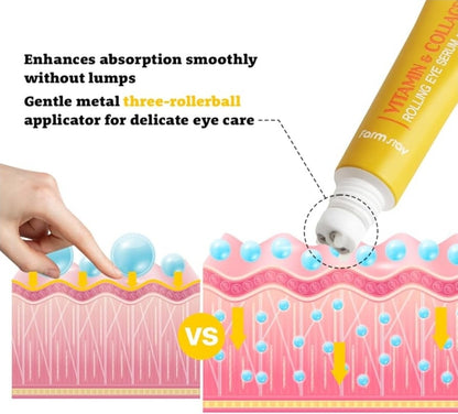 Farmstay Vitamin & Collagen Rolling Eye Serum – Hydrating & Firming Korean Eye Care, Reduces Puffiness, Dark Circles & Fine Lines, Firming, Hydrating, Moisturizing, Rejuvenating Collagen, Vitamin C