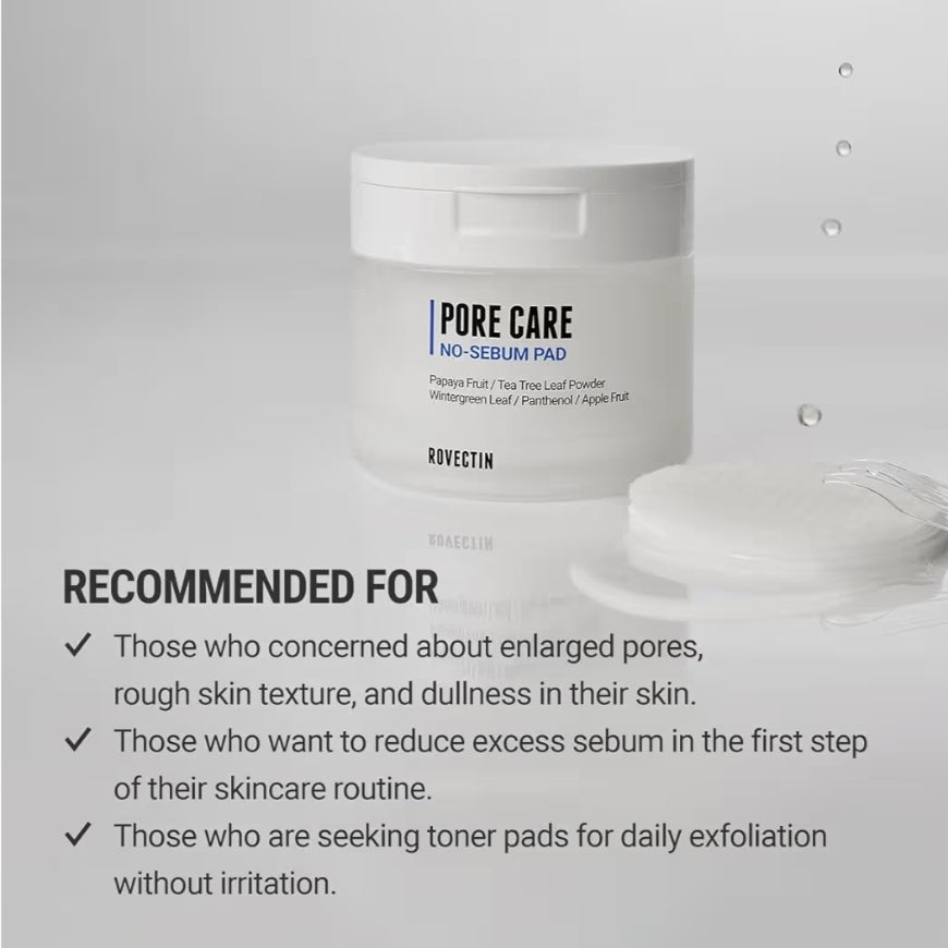 ROVECTIN Pore Care No-Sebum Pad for Sebum Clearing and Pore Clearing with Green Fruit Complex, Gentle Exfoliating Pads - 60 Pads