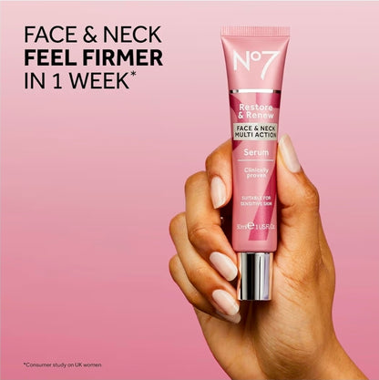 No7 Restore & Renew Multi-Action Face & Neck Serum - Anti Aging Serum for Deep Wrinkle Repair - Collagen Infused Skincare with a Hydrating Blend of Hibiscus Peptides & Hyaluronic Acid (1oz)