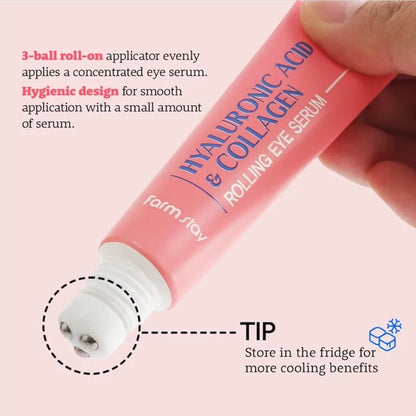 Farmstay Hyaluronic Acid Rolling Eye Serum with 2% Niacinamide & Collagen – Hydrating Korean Eye Roller for Dark Circles, Puffy Eyes & Wrinkles