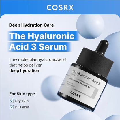 COSRX The Hyaluronic Acid 3 - Amino Acids + Ceramide NP - Suero de ácido hialurónico sódico puro al 3%, hidratante y potenciador de la humectación para líneas finas y arrugas, repara la piel seca, sin fragancias artificiales