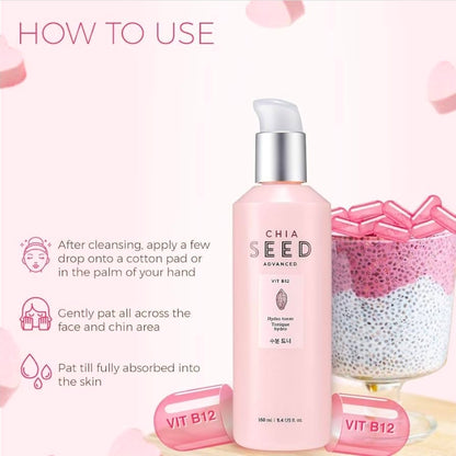Tónico hidro de semillas de chía de The Face Shop: loción hidratante suave para piel seca, humectación y confort, formulada con semillas de chía y vitamina B12 para un cuidado intenso, renovado e hidratante.