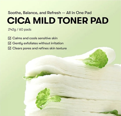VT Cosmetics CICA Mild Toner Pad (60 Pads) - Exfoliating, Hydrating, Soothing, pH Balancing With BHA, Centella Asiatica Extract, Hyaluronic Acids for Daily Facial Use