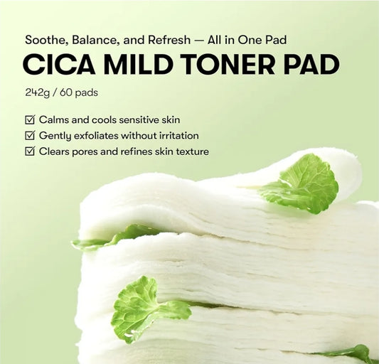 VT Cosmetics CICA Mild Toner Pad (60 Pads) - Exfoliating, Hydrating, Soothing, pH Balancing With BHA, Centella Asiatica Extract, Hyaluronic Acids for Daily Facial Use