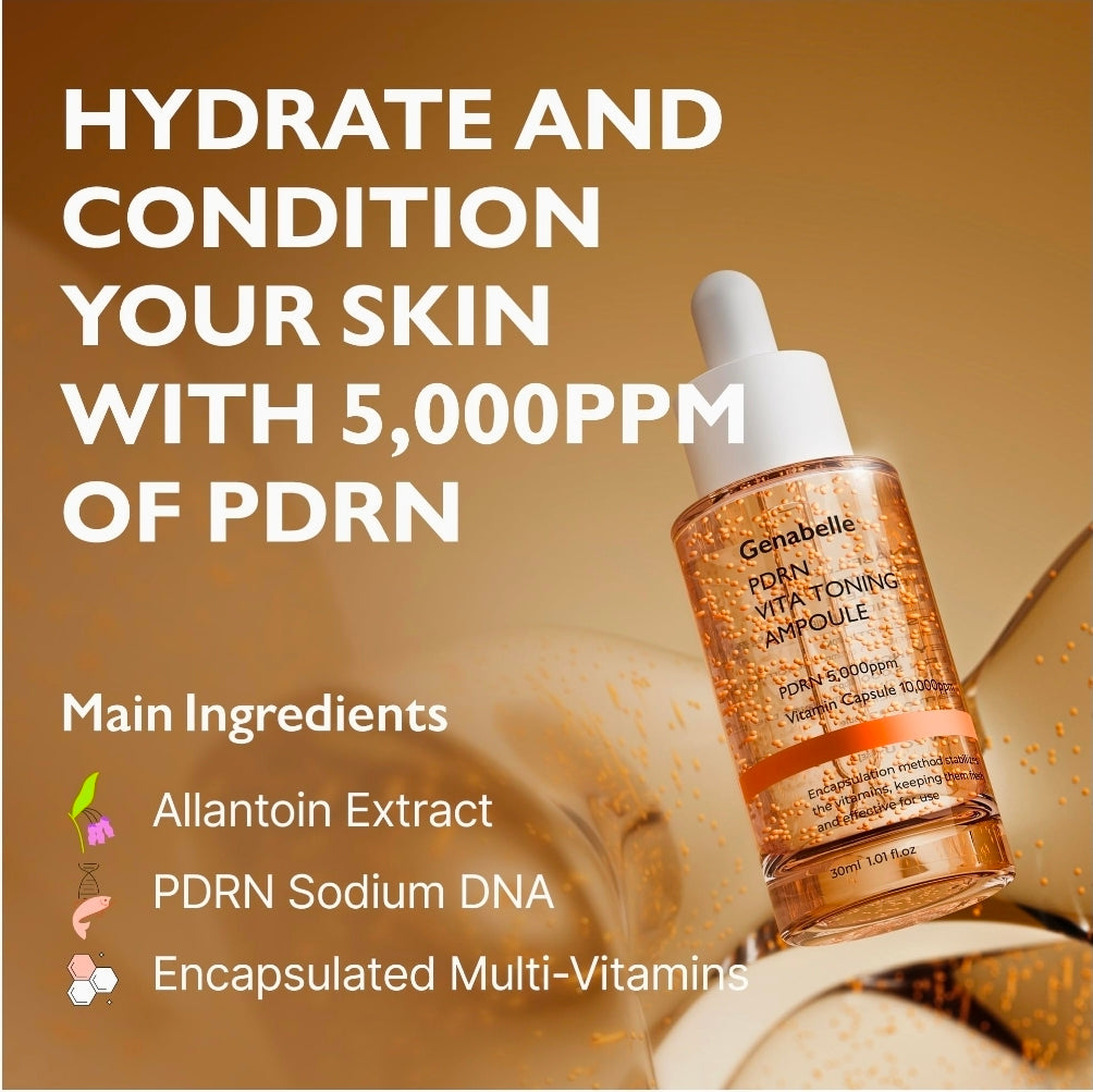 Genabelle PDRN Vita Toning Ampoule - Lightweight Glass Skin & Toning Ampoule with Vitamin B, C, E, PDRN, Serum for Blemishes, Fine Lines and Rough Skin Texture, 1.01oz