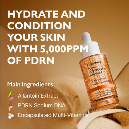 Genabelle PDRN Vita Toning Ampoule - Lightweight Glass Skin & Toning Ampoule with Vitamin B, C, E, PDRN, Serum for Blemishes, Fine Lines and Rough Skin Texture, 1.01oz